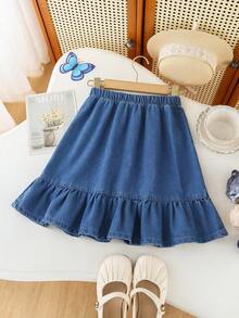 Tween Girls' Casual Vacation Street Fashion Sweet Loose Waist Vintage Washed Blue Denim A-Line Skirt, New Arrival - Medium Wash - View 2