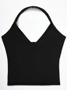 OMKAGI  Women's V-Neck Collarless Short-Sleeved Tank Top Y2K  Streetwear Style Top See-Through Top With Exposed Neckline - 黑色 - 查看 2