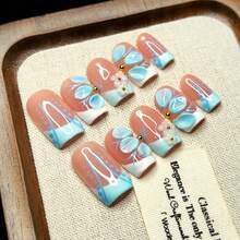 10pcs Handmade Artificial Nail Tips, Square Design, 3D Carving Craft, Decorated With 3D Small Peony Flowers, French Beige And Blue Color, Porcelain-Like Style, Golden Accents, Fresh Girl Style, Reusable Press On Nails - Baby Blue - View 7
