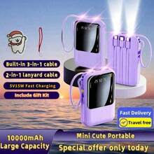 10000mAh 迷你可爱口袋大小 5V2A 快速充电便携式卡通移动电源，小尺寸大容量高外观，内置 4 根电缆，高速充电电池，超亮 LED 灯，适用于 iPhone 16 15 14 13 12 11/Pro/Max/Plus/Mini/8/SE/X/XS、Airpods 4/3/2/Pro2/Pro 适用于 Apple IPhone、iPad、Android 手机，适合家人、朋友、生日、冬季、情人节、复活节的礼物适合户外玩耍、购物、旅行，便携式电源超级快速充电，显示电池电量，带 USB 和 Type-C 端口的便携式充电器设备，安全稳定的聚合物锂电池 - 紫色 - 查看 1
