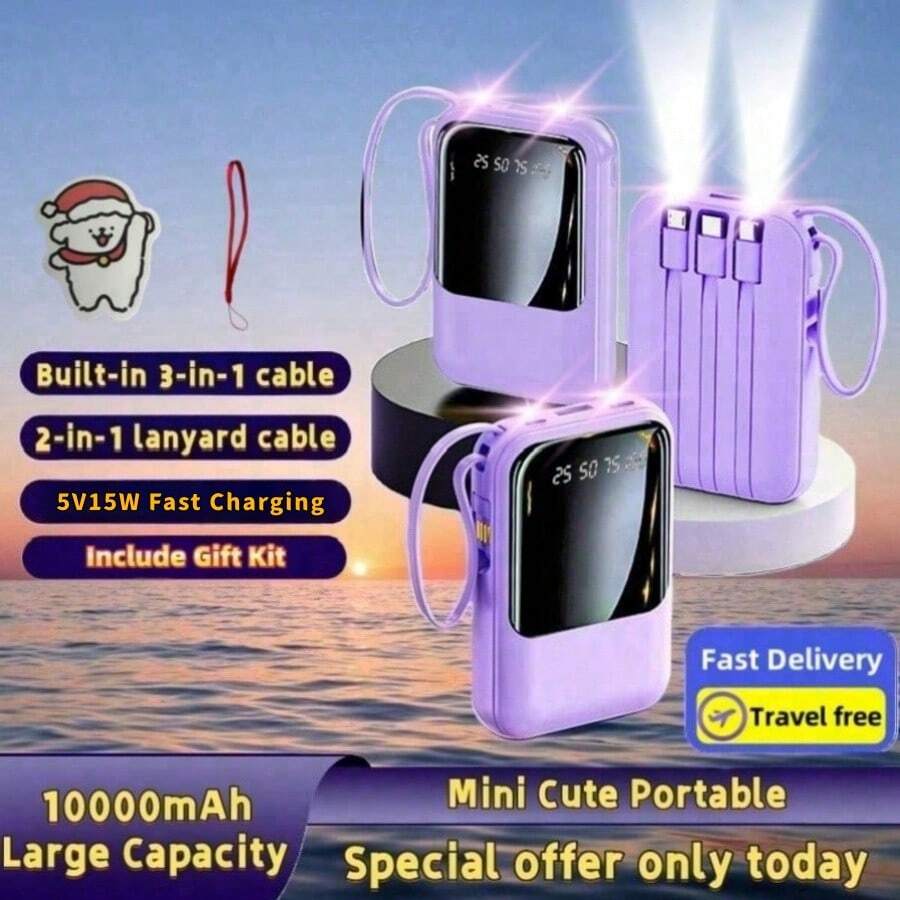 10000mAh 迷你可爱口袋大小 5V2A 快速充电便携式卡通移动电源,小尺寸大容量高外观,内置 4 根电缆,高速充电电池,超亮 LED 灯,适用于 iPhone 16 15 14 13 12 11/Pro/Max/Plus/Mini/8/SE/X/XS、Airpods 4/3/2/Pro2/Pro 适用于 Apple IPhone、iPad、Android 手机,适合家人、朋友、生日、冬季、情人节、复活节的礼物适合户外玩耍、购物、旅行,便携式电源超级快速充电,显示电池电量,带 USB 和 Type-C 端口的便携式充电器设备,安全稳定的聚合物锂电池 - 紫色 - 查看 1
