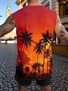 Men's Ombre Sunset Palm Tree Print Sleeveless Tank Top, Suitable For Casual Holiday Wear - Multicolor - View 3
