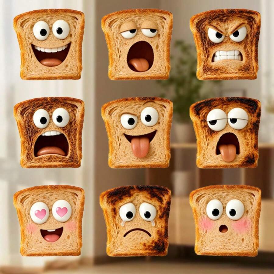 Pink Tongue Toast Buddy Magnet: Big Round Eyes & Open Mouth Smile, Toasted Bread Texture With Air Holes, Sticker Edges - Bring Fresh Breakfast Sunshine To Your Fridge - A - View 1