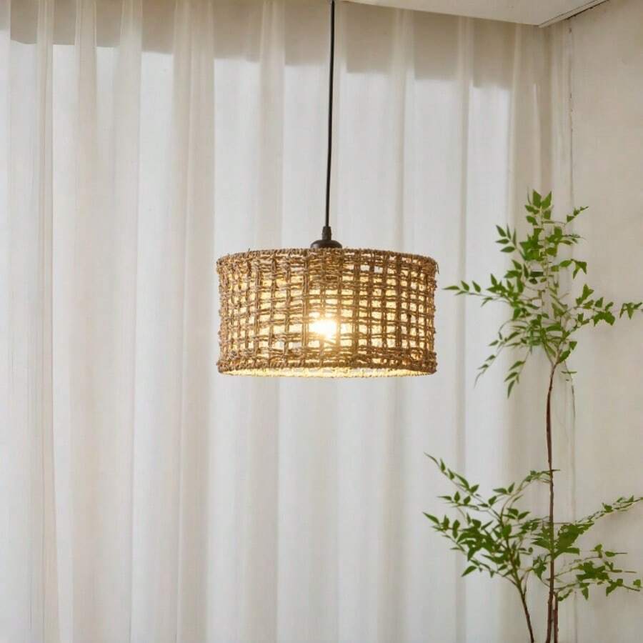 ZHUO LANG DA 1盏手工编织绳吊灯,手工绳岛吊灯,E27灯座,适用于厨房岛台、餐厅、工艺室、农舍、卧室、客厅、阳台等各种家居装饰场所 - 棕色 - 查看 1