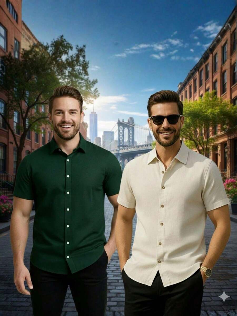 Men's Slim Fit Shirt Kit With Italian Collar (2 Units) - Green - View 1