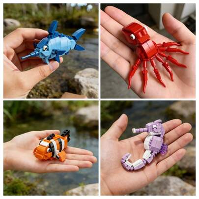 9pcs Micro Particle Cute Ocean Creature Building Blocks, ABS Material, DIY Puzzle Stress Relief Micro Particle Blocks, Suitable For Desktop Decor, Gift For Children, Birthday, Anniversary, Holidays, Comes With Elegant Gift Box