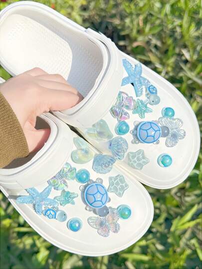 24件套蓝色海洋海龟、海星、贝壳装饰配件，心形，透明水波纹图案，适用于带孔鞋、拖鞋、凉鞋、花园鞋