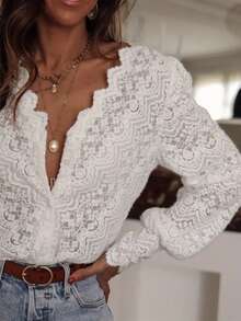 Blusa de encaje calado con cuello en V, manga farol y estilo retro francés, de corte holgado y elegante, adecuada para uso diario y laboral, nueva llegada de primavera/verano de JoWins - lechoso - Ver 5