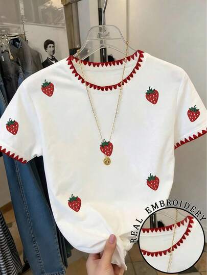 百搭草莓刺绣图案，女士夏季服装，女士休闲圆领短袖T恤 白色