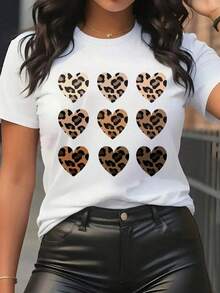 Camiseta de algodón 180g, estampado de corazones con patrón de leopardo degradado, estilo y2k y preppy, cuello redondo - Blanco - Ver 1