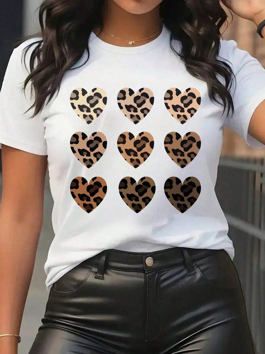 Camiseta de algodón 180g, estampado de corazones con patrón de leopardo degradado, estilo y2k y preppy, cuello redondo - Blanco - Ver 1