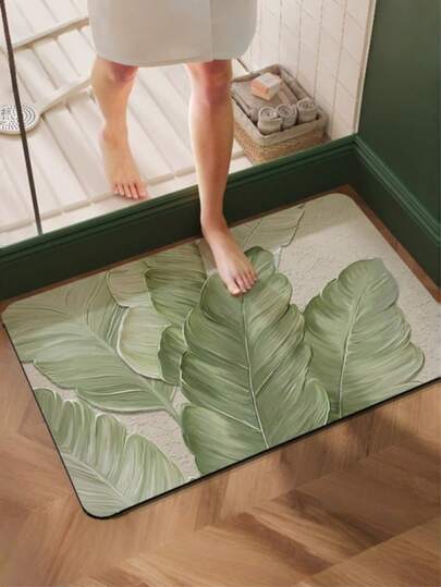 1片绿色植物长方形硅藻土地垫，清新香蕉叶印花，浴室地毯，浴室装饰，清新自然风格，简约活力设计，快干易清洁，适用于浴室、厨房、玄关及其他家居装饰。