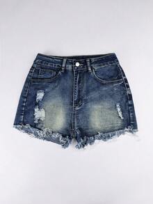 Quần short denim nữ kiểu vintage rách có túi, phong cách đường phố thường ngày cho mùa xuân/hè. - Màu xanh lam - Xem 5
