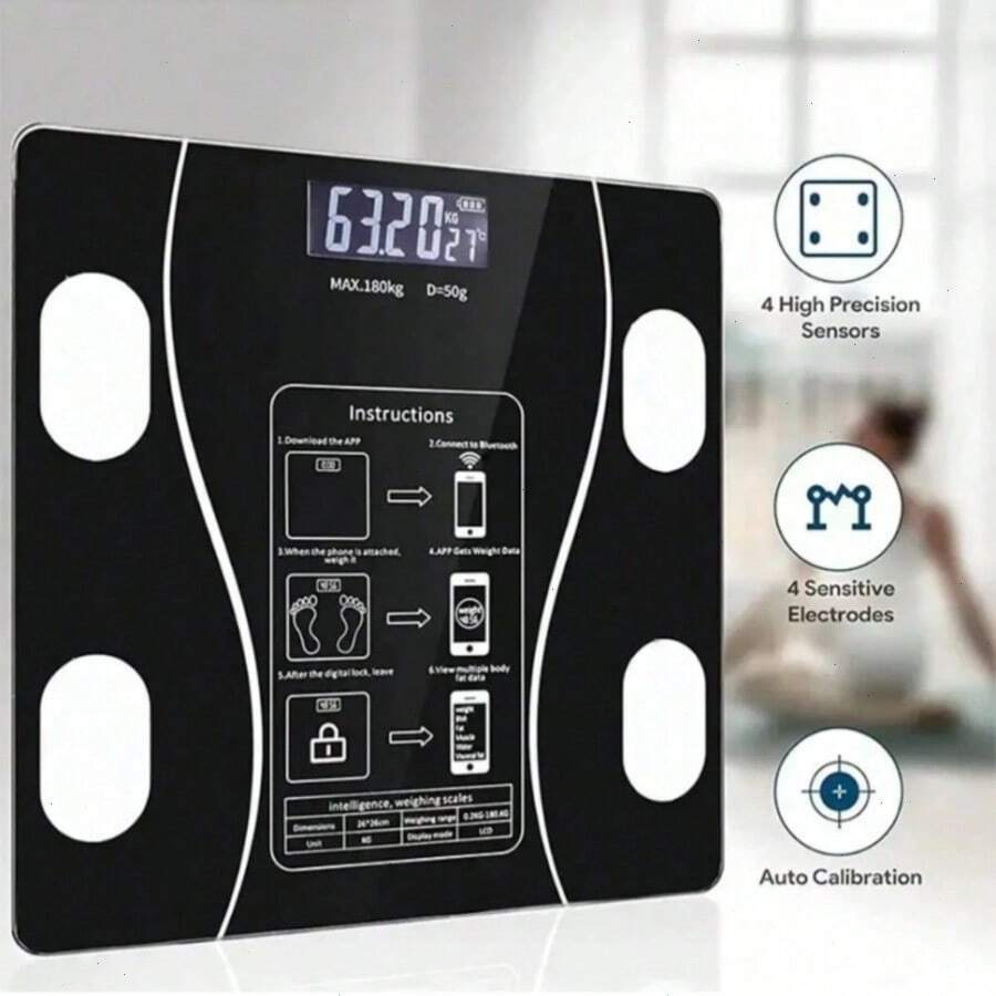 Omnliy High Definition Digital Weight Scale - Large LCD Display, Battery-Powered, Max 180kg/396.8lb, Home Bathroom Scale For Accurate Body Weight Measurement, Battery Not Included, 26x26cm/10.23x10.23inch, Bathroom Scale|Modern Weight Scale|Battery Powered Scale(Has Bluetooth Function) - 黑色藍牙款 - 查看 1
