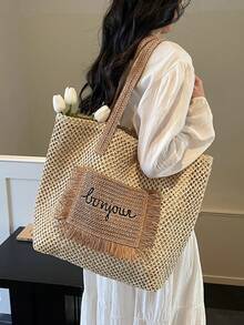 2026新款夏季时尚草编手提包，休闲百搭大容量单肩斜挎包，女士款 - 白色 - 查看 2