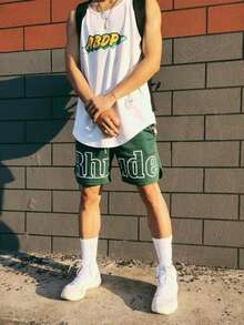 Men's Short Pants - American High Street Letter-Style Loose-Fitting Versatile Small-Sized Casual Sports Beach Drawstring Shorts -  Brand - DK130 Green - View 2