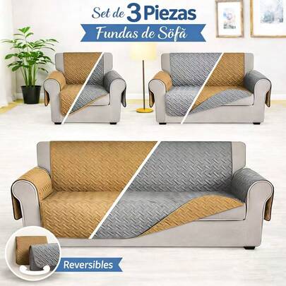 HOGAR YUME 3-Piece Reversible Sofa Cover Set For Living Room, Sofa Protector For 1, 2, And 3 Seater Sofas, Padded Non-Slip Cover, Washable, Ideal For Everyday Use, Light Gray/Beige