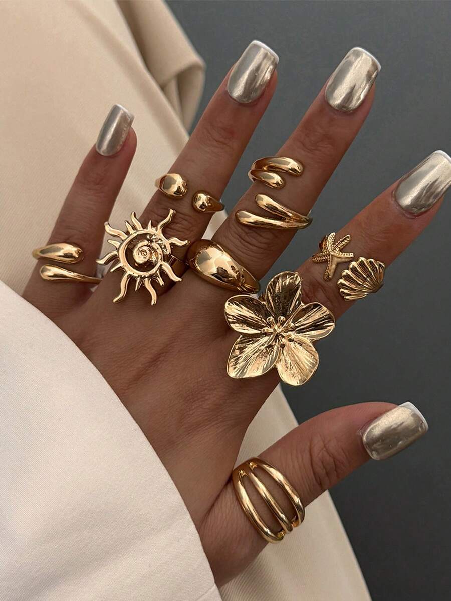 8pcs/Set Vintage Smooth Plain Rings, Bohemian Starfish Personalized Rings, Fashion Rings
