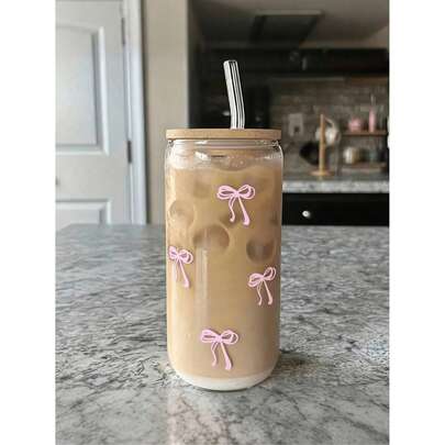 1pc Reusable Transparent Glass Cup With Butterfly Pattern Bamboo Lid And Straw, Large Capacity Suitable For Outdoor Travel Drinks And Juices, Applicable For Summer And Winter, Birthday Holiday Gift, Home Kitchen Supplies, New Year, Valentine's Day, Mother's Day, Father's Day, Summer Graduation Back To School Gift