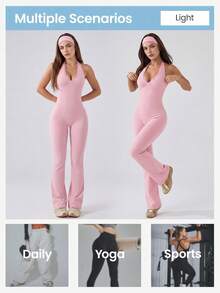 Women Yoga Flare Jumpsuit Lace Patchwork V Neck Backless Jumpsuits With Bra Tummy Control Cutout Romper Workout Outfit Sleeveless Unitard One Piece Backless Bodysuit - 粉色 - 查看 3