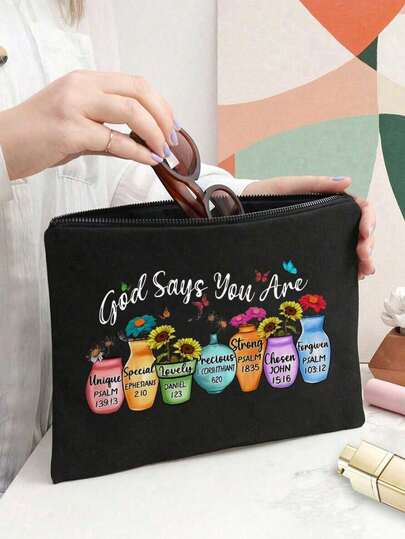 1pc Inspirational Christian Makeup Bag,Bible Affirmation Makeup Pouch, | "God Says You Are Unique" Religious Cosmetic Pouch With A Vibrant Pattern Of Vases And Butterflies | Zippered Portable Multi-Functional Travel Organizer | Multi-Color | For Daily/Travel/Campus Use | Suitable For Daily Use, Travel, Vacation, Business Trips, Commuting & Campus Life | Perfect Gift For Women On Holidays/Christmas/Valentine's Day/Anniversaries