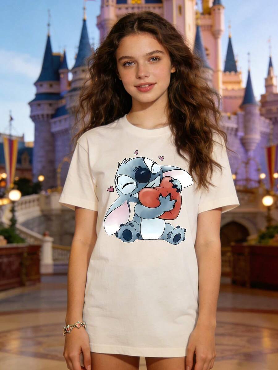 Disney Authorized Women's Casual Short Sleeve T-Shirt, Lilo & Stitch Heart Hug Print, Cute Healing Style, Breathable Comfortable Fabric, Machine Washable, All-Match For Multiple Scenarios - Apricot - View 1