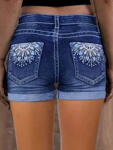 Plus-Size Women's High-Waist Shorts With Delicate Embroidered Patterns On The Back Pockets, Vintage Dark Blue Plus-Size Women's High-Waist Denim Shorts - 藏青色 - 查看 4