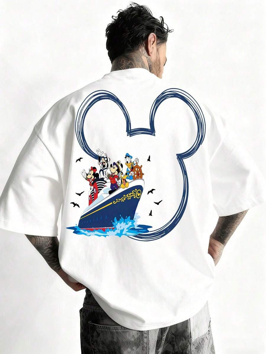 Disney Official Licensed Mickey & Friends Cruise Line Silhouette Print 220g Cotton Crew Neck Unisex Tee - White - View 1