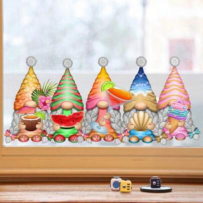 Hello Summer Wall Sticker Suitable For Wall, Glass, Window Stickers With Dwarf, Summer Fruit Drinks Decals - PVC Self-Adhesive For Refrigerator, Doors, Walls