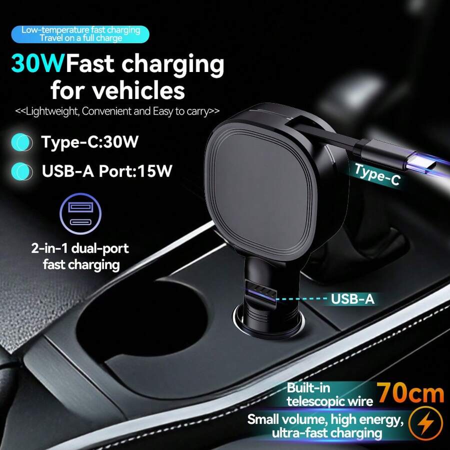 W&O 30W 快速车载充电器，带可伸缩 Type-C 线缆和 USB 接口 - A - 查看 1