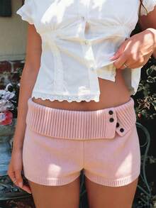 Women's Fold Over Waist Knitted Shorts Y2k Low Waist Striped Print Color Block Slim Fit Hot Pants Party Clubwear Going Out Sweater Shorts Loungewear Bottoms Stretchy Yoga Shorts Summer Casual Active Jogger Sweatshorts - 珊瑚粉 - 查看 3