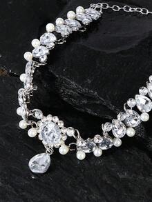 Opalesca 1 pièce Nouveau collier ras-de-cou de luxe à la mode avec franges, perle, cristal et goutte d'eau florale, convient pour les femmes, les fêtes, les rendez-vous, les cadeaux de mariage, bijoux - Argent - Voir 1