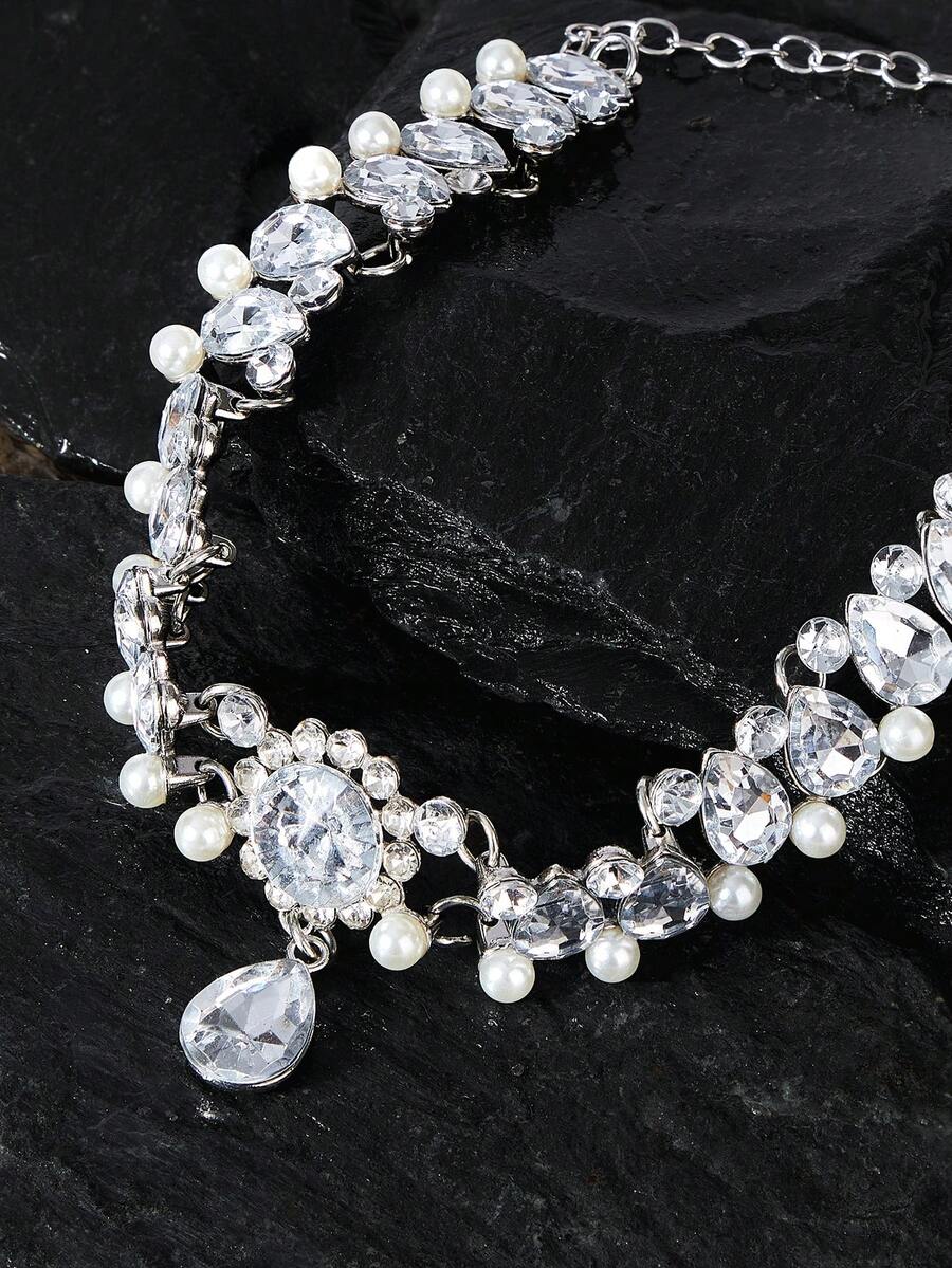 Opalesca 1 pièce Nouveau collier ras-de-cou de luxe à la mode avec franges, perle, cristal et goutte d'eau florale, convient pour les femmes, les fêtes, les rendez-vous, les cadeaux de mariage, bijoux - Argent - Voir 1
