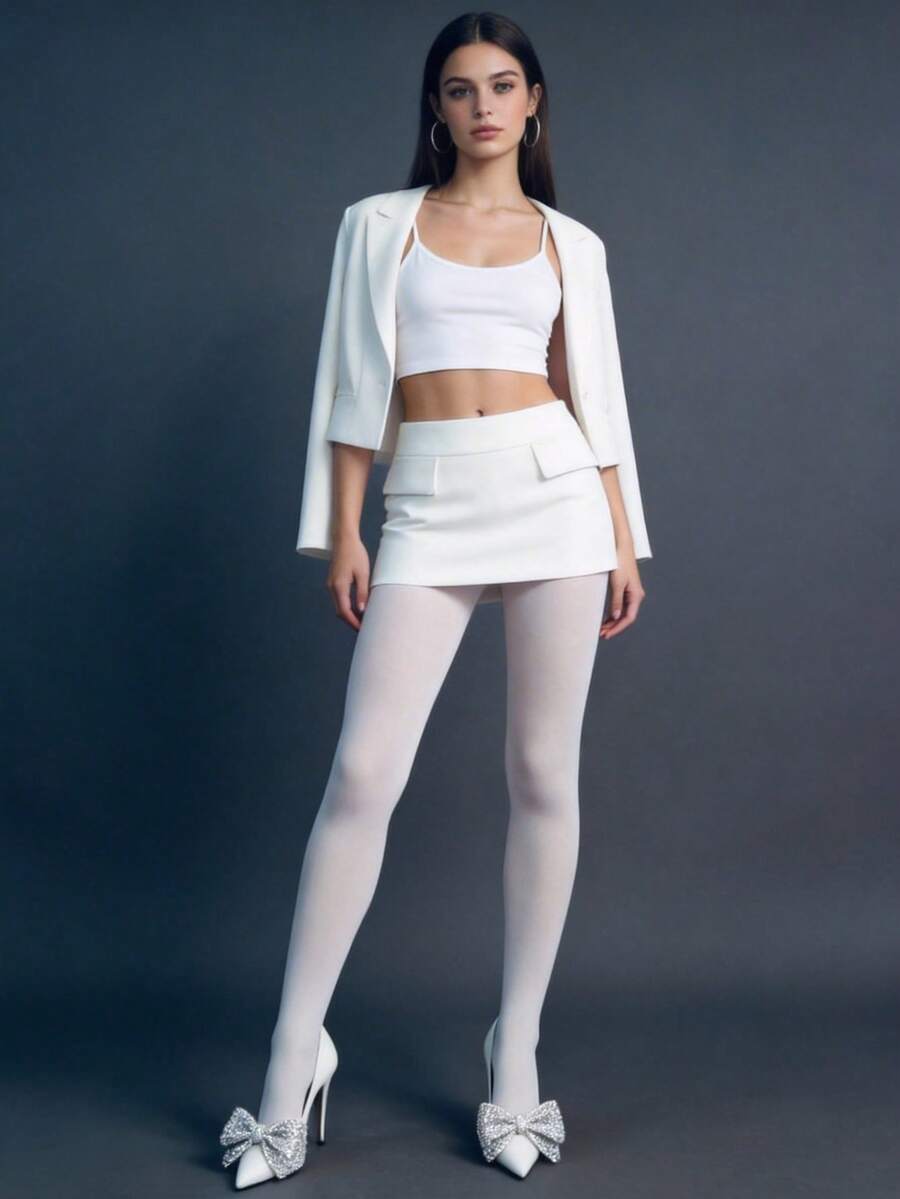 50D 半透明打底裤，女士春夏弹力紧身裤，显瘦柔软舒适踩脚裤，百搭休闲连裤袜 - 白色 - 查看 1