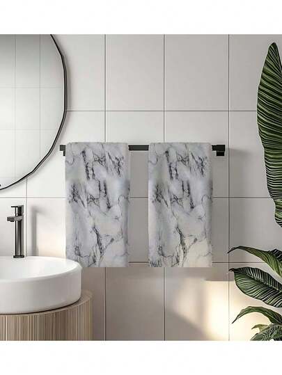 2pcs Marble Texture Towels, Soft Absorbent Polyester, Modern Style Rectangle, Machine Washable, Suitable For Kitchen, Bathroom, Spa - Elegant Home Decor Luxury Towel Set