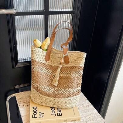 1pc Fashion Colorblock Hollow Woven Large Capacity Women's Shoulder Bag With Tassel Decor, Suitable For Work, Commute, Casual, Shopping, Holiday, Beach Travel