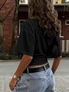 1PC Solid Color Drawstring Waist Cinching T Shirt Available In 2 Color Options Versatile Casual Stylish Design Adjustable Waist Tie Creates Flattering Silhouette Soft Comfortable Breathable Fabric Relaxed Fit Easy To Wear Perfect For Lounging At Home Relaxation Days School Campus Daily Classes Weekend Errands Beach Vacations Summer Trips Date Nights Casual Outings Picnic In Park Coffee Shop Visits Shopping With Friends Travel Sightseeing Holiday Getaways Birthday Parties Family Gatherings Outdoor Activities Layering Piece Under Jackets Essential Wardrobe Basic For Women Girls Teens Ideal Gift For Friends Sister Daughter Girlfriend Female Colleagues On Birthday Christmas - 黑色 - 查看 5