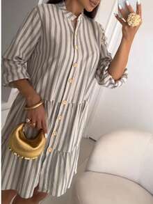 Midi Flared Shirt Dress With Mandarin Collar, High Button-Down Shirt, Linen Beach Cover-Up With Long Sleeves, Ruffled Trim, And Striped Design. - Grey - View 2
