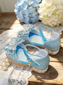 女童亮面玛丽珍低跟公主风碎花婚礼派对礼服鞋 - 藍色 - 查看 5