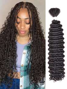 20 Inch Braided Hair Extension, Bohemian Style Braid, Mixed Hair, Deep Wavy Curly Hair Bun, Hair Piece, Fluffy Natural Wavy Curly Hair, Real Human Hair, Straightenable, Restyling, Seamless, Natural Black Brown Curly Hair, Suitable For Women Daily Use, #4 - S4 - View 3