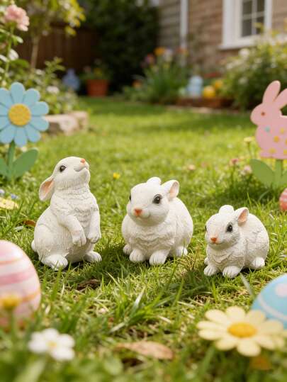 3pcs Mini Rabbit Decor, Easter Bunny, Outdoor Garden Ornament Set, Resin Rabbit Sculpture, Garden Animal Statue, Rabbit Figurine For Home Garden Easter Decoration, Best Easter Gift
