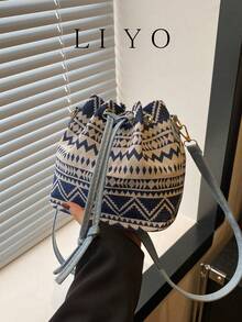 Women's Drawstring Bucket Bag, Fashion Versatile Shoulder Bag, Printed Plaid Fabric Handbag - Multicolor - View 1