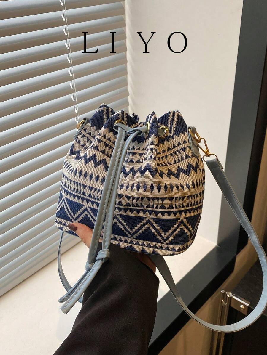 Women's Drawstring Bucket Bag, Fashion Versatile Shoulder Bag, Printed Plaid Fabric Handbag - Multicolor - View 1