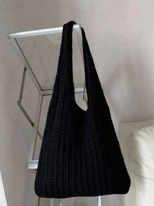 Yogodlns Fashionable Crochet Woven Bag, Women's Summer Beach Tote Bag, Stylish Handbag, Bohemian Style Crochet Shoulder Bag, Hollow Crochet Shoulder Bag, Underarm Bag, Large Capacity Crochet Bag, Shopping Tote Bag, Casual Beach Bag, Commuter Bag, Bohemian Style Women's Outfit J7XR - 黑色 - 查看 9