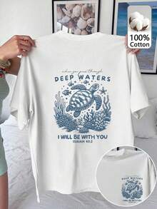 女士宽松圆领短袖T恤，100%纯棉休闲上衣，饰有海龟图案印花，适合春夏日常穿着、街头风、度假、办公/休闲、户外运动，复古/简约风格，新颖设计，男女皆宜，情人节、约会、浪漫之旅、节日礼物之选。 - 白色 - 查看 1