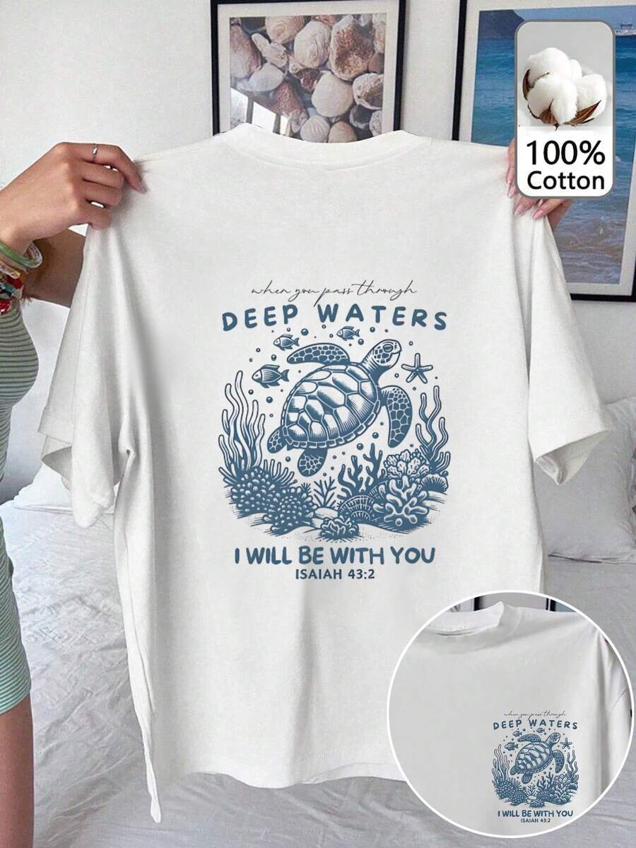 女士宽松圆领短袖T恤，100%纯棉休闲上衣，饰有海龟图案印花，适合春夏日常穿着、街头风、度假、办公/休闲、户外运动，复古/简约风格，新颖设计，男女皆宜，情人节、约会、浪漫之旅、节日礼物之选。 - 白色 - 查看 1