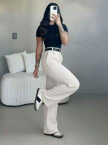 Women's High Waist Wide Leg Pants |   Spring Women's Clothing |   Casual Elegant Office Pants |   Spring Casual Wear |   Solid Color Loose Straight Bottoms |   Spring Apparel |   Women's Casual Wear |   Soft Comfortable Casual Pants |   Women's Casual Wear Matching |   Minimalist Fashionable Workwear |   Casual Suit |   New Year Preparation |   Essential For Spring & Autumn, No Belt Included - 白色 - 查看 5