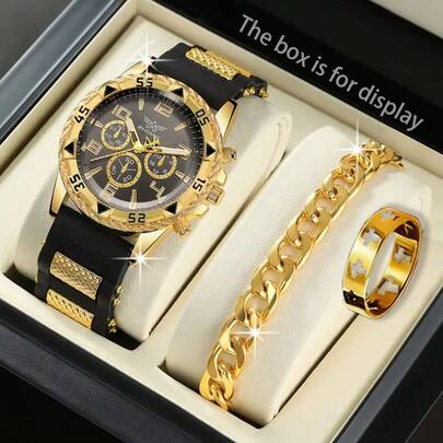 男士奢华珠宝套装，包含手表、手链和戒指，设计风格硬朗阳刚，佩戴舒适，品质上乘。适合作为男友/兄弟的生日礼物，日常通勤、时尚穿搭或正式场合皆可搭配，彰显男士个人品味。（不含包装盒）