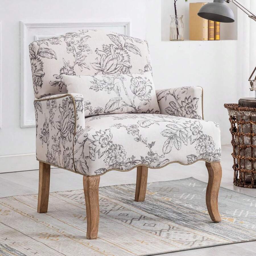 WAHSON OFFICE CHAIRS 1PC Wahson Poltrona in Lino Sedia Imbottita retrò con Gambe in Legno Massello Bracciolo Sedia Singola per Camera da Letto/Soggiorno, Bianco