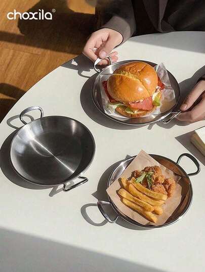choxila 1个不锈钢双耳圆形多功能托盘，适用于西餐、炸鸡、薯条、汉堡、饺子、小吃、蛋糕、面包、早餐，也适用于烧烤、火锅和日常使用，是圣诞节、开学季、沙特国庆节和其他节日送礼的理想选择。